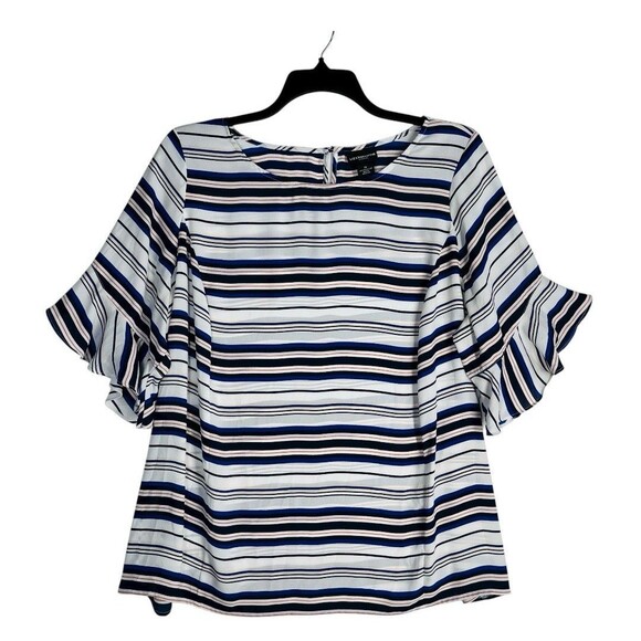 Liz Clairborne Women Plus Size 1X Blue Striped Blouse Ruffle Sleeve Top - Picture 1 of 6